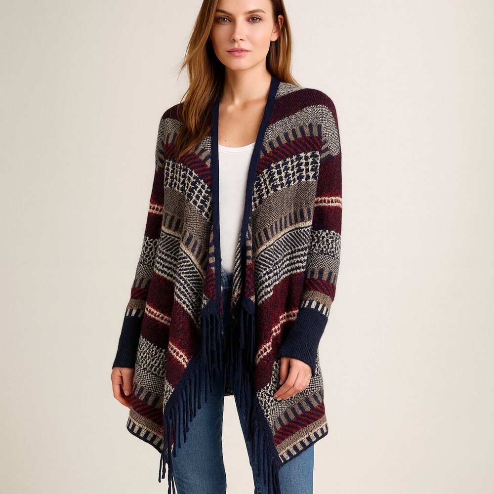 Autumn Cashmere Fair Isle Fringed Drape Front Cardigan‎ Red Multi Size Small